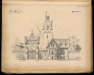 Parkeingang Monatskonkurrenz Oktober 1883: Aufriss Straßenansicht; Maßstabsleiste