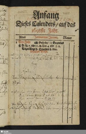 Anfang Dieses Calenders, auf das 1698ste Jahr