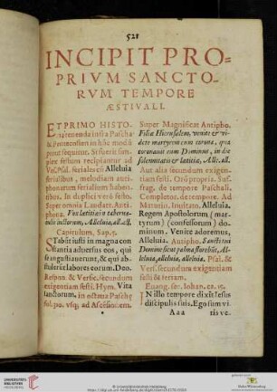 Incipit Proprivm Sanctorvm Tempore Æstivali