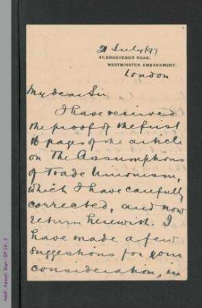 Brief von Sidney Webb an Heinrich Braun, hs