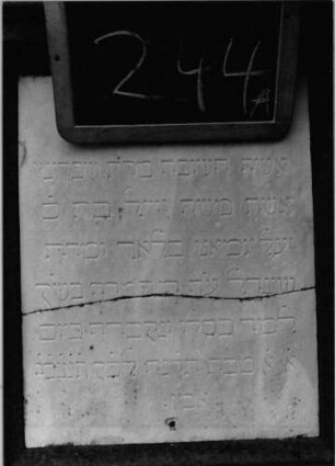 Grabstein 244 (Index: 100090348) Material: Sandstein, weiße Marmorplatte Zustand: beschäd/verwitt/Textverl/Platte gesprung Maße HxBxT: 176x47x25 cm Beschreibung: Stele, Doppelsock. , Giebel m. Mittel-u. Eckakroteren, rechteck. Schriftplatte Symbolik: Mohnkapseln, Blätter und Ranken: Grabstein 244A