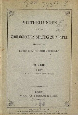 Mitteilungen aus der Zoologischen Station zu Neapel : zugl. e. Repertorium für Mittelmeerkunde. 10. 1891/93, [2.] Atlas