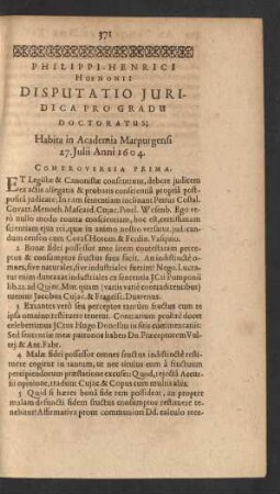 Philippi-Henrici Hoenoni Disputatio Iuridica Pro Gradu Doctoratus; Habita in Academia Marpurgensi 27. Julii Anni 1604