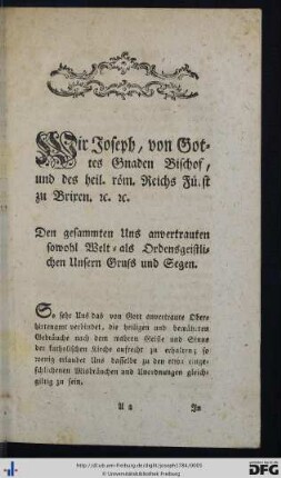 Wir Joseph, von Gottes Gnaden Bischof, und des heil. röm. Reichs Fürst zu Brixen etc. etc.