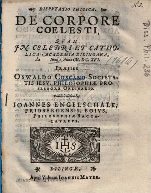 Dispvtatio Physica, De Corpore Coelesti