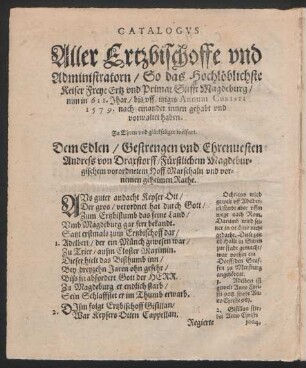 Catalogus Aller Ertzbischoffe und Administratorn ...