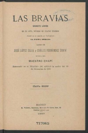 Las bravias : sainete lírico en un acto, dividido en cuatro cuadros, basado en la comedia de Shakespeare La fiera domada