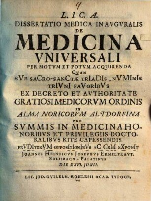 Diss. med. inaug. de medicina universali, per motum et potum acquirenda