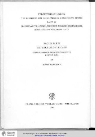 Paolo Sarpi - Lettere ai Gallicani : Edizione critica, saggio introduttivo e note a cura