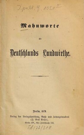 Mahnworte an Deutschlands Landwirthe