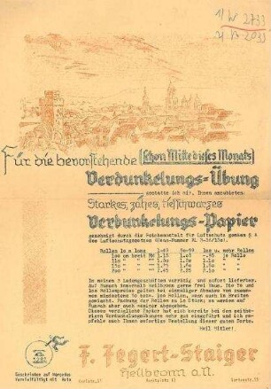 Werbeflugblatt der Fa. Fegert-Staiger für Verdunkelungs-Papier für die bevorstehende Verdunkelungs-Übung