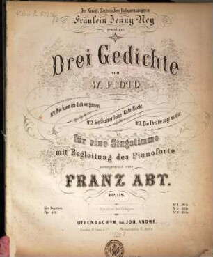 Drei Gedichte von W. Floto : für 1 Singstimme mit Begl. d. Pianoforte ; op. 118, 2. Sie flüstert leise: Gute Nacht. - Pl.Nr. 7466. - 7 S.