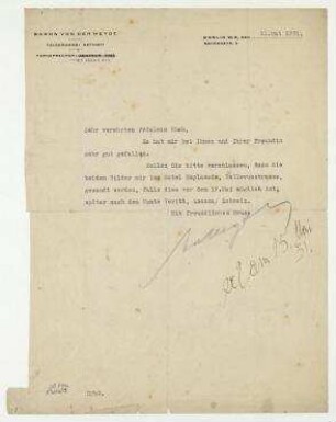 Brief von Eduard Baron von der Heydt an Hannah Höch. Berlin. Briefkopf: "BARON VON DER HEYDT [...]" und Anmerkung von Hannah Höch.
