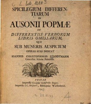 Spicilegium differentiarum in Ausonii Popmae de differentiis verborum libris omissarum