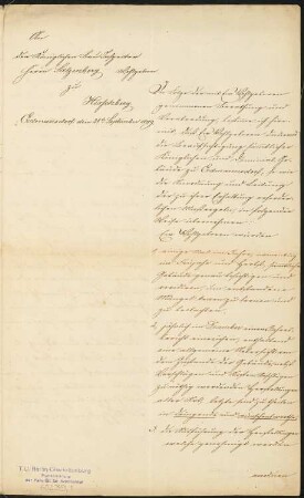 Schriftstück an den Königlichen Bau Inspector Salzenberg in Hirschberg 21. September 1849: Schreiben von Massow an Salzenberg, vier Seiten, zusammenhängende Blätter Inv.Nr. 60239,1-4
