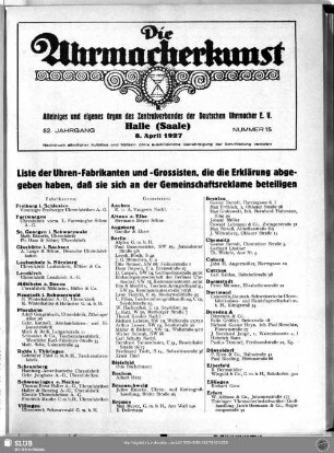 Liste der Uhren-Fabrikanten und -Grossisten, die die Erklärung abgegeben haben, daß sie sich an der Gemeinschaftsreklame beteiligen