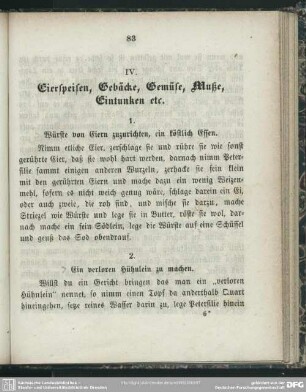 IV. Eierspeisen, Gebäcke, Gemüse, Muße, Eintunken etc