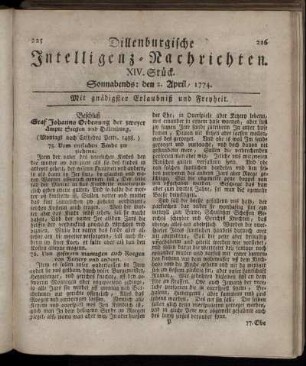 Sonnabends: den 2. April 1774.