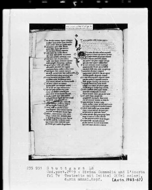 Dante, Divina Commedia und Cecco d'Ascoli, L'Acerba — Initiale Q (uel color) mit einem männlichen Kopf, Folio 7verso