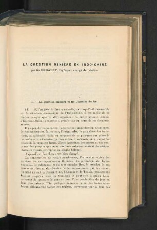 La question minière en Indo-Chine, par M. De Saugy, ingéniuer.