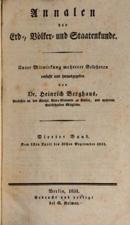 Annalen der Erd-, Völker- und Staatenkunde, 4. 1831 = 1.4. - 30.9.