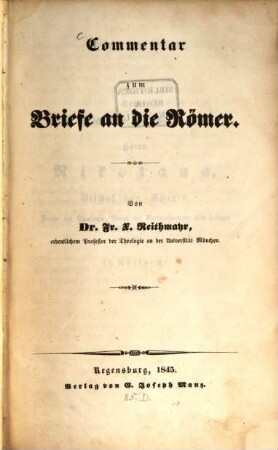 Commentar zum Briefe an die Römer