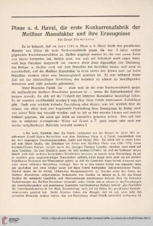 1: Plaue a. d. Havel, die erste Konkurrenzfabrik der Meißner Manufaktur und ihre Erzeugnisse