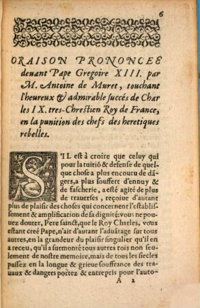 Oraison Prononcee Devant Le Pape Gregoire XIII ... touchant l'heureux & admirable succés de Charles IX. tres-Chrestien Roy de France, en la punition des chefs des Heretiques rebelles