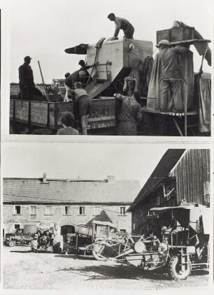 OBEN: Selbstfahrender Mähdrescher E 175 Patriot (VEB Fortschritt Erntemaschinen Singwitz, Baujahre 1960/1968) bei der Leerung des Puffersilos in einen Pritschenanhänger. UNTEN: Gehöft, Hofgelände mit Mähdrescher (vorn) und Traktoren