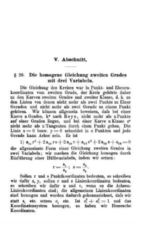 V. Abschnitt. Die homogene Gleichung zweiten Grades mit drei Variabeln.