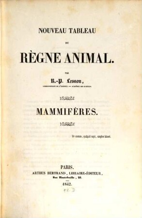 Nouveau Tableau du Règne Animal: Mammifères