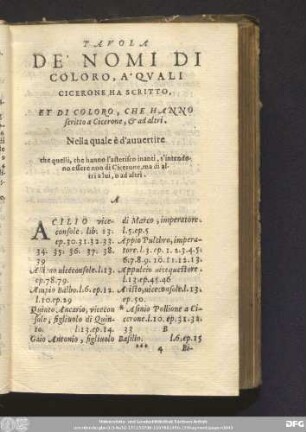 Tavola De' Nomi Di Coloro, A' Quali Cicerone Ha Scritto.