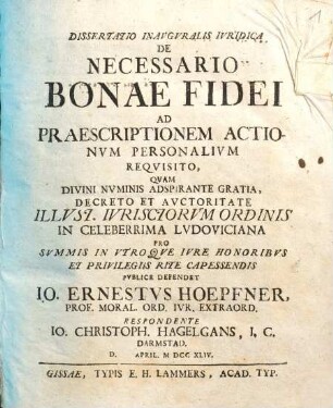Dissertatio inauguralis iuridica de necessario bonae fidei ad praescriptionem actionum personalium requisito