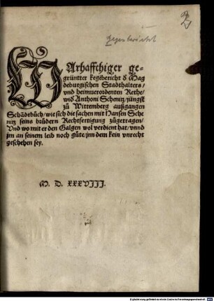 Warhaffthiger gegrüntter kegenbericht des Magdeburgischen Stadthalters und heimverordenten Rethe wider Anthoni Schenitz, jüngst zu Wittemberg außgangen Schandtbuch, wie sich die sachen mit Hansen Schenitz, seines brudern, Rechtfertigung zugetragen, und womit er den Galgen wol verdient hat ...