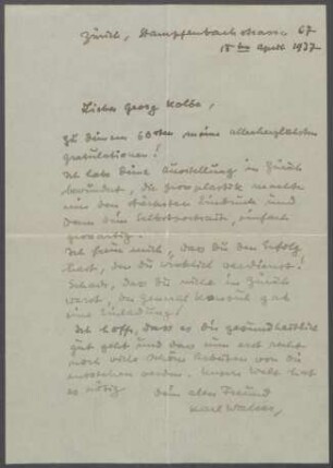 Brief von Karl Walser an Georg Kolbe