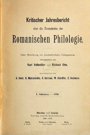 Kritischer Jahresbericht über die Fortschritte der romanischen Philologie. 1. 1890 (1892/95)