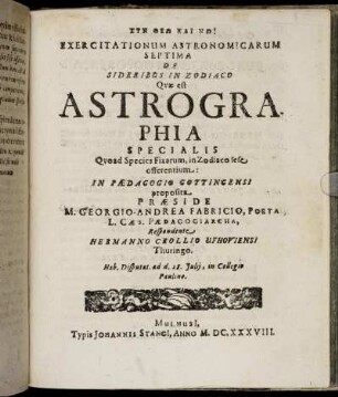 Exercitationum Astronomicarum Septima De Sideribus In Zodiaco Quæ est Astrographia Specialis [...]