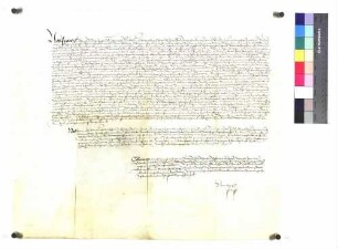 Protokoll über die Resignation des Abtes Maurus von Herrenalb und die Wahl des Bruders Lucas von Bebenhausen zum Abt vor den beiden Kommissaren Abt Johann von Bebenhausen und Johannes von Maulbronn. Darunter Bestätigung des Abtes von Citeaux.