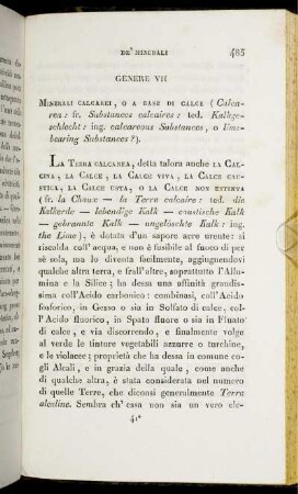 Genere VII. Minerali Calcarei, O A Base Di Calce (Calcarea: fr. Substances calcaires: ted. Klakgeschlecht: ing. calcareous Substances, o limebearing Substances?).