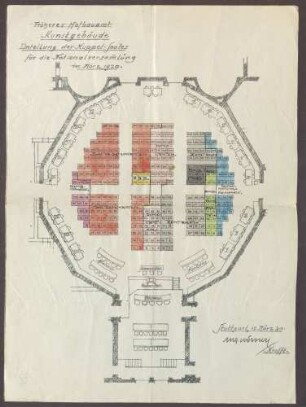 Sitzplan der verfassungsgebenden Nationalversammlung im Kunstgebäude Stuttgart vom 17.03.1920.