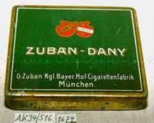 Blechdose für 20 Stück "CIGARETTEN ZUBAN-DANY" m. GOLD