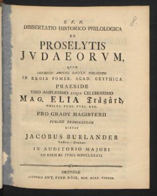 Dissertatio Historico Philologica De Proselytis Judaeorum