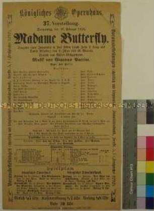 Theaterzettel des Königlichen Opernhauses Dresden für die Aufführung von "Madame Butterfly" am 10. Februar 1910