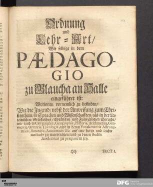 Ordnung und Lehr-Art/ Wie selbige in dem Pædagogio zu Glaucha an Halle eingefuehret ist