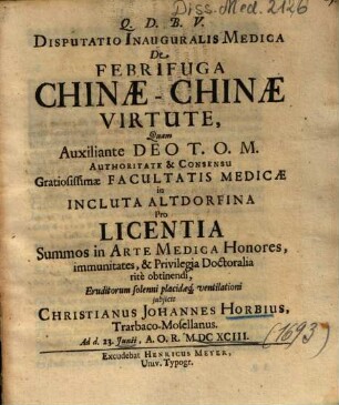 Disputatio Inauguralis Medica De Febrifuga Chinae-Chinae Virtute