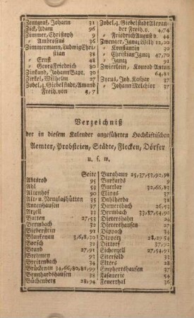 Verzeichnis der in diesem Kalender angeführten hochstiftischen Aemter, Probsteien, Städte, Flecken, Dörfer u.s.w.