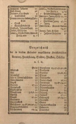 Verzeichnis der in diesem Kalender angeführten hochstiftischen Aemter, Probsteien, Städte, Flecken, Dörfer u.s.w.