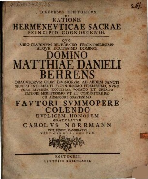 Discursus epist. de ratione hermeneuticae sacrae principio cognoscendi