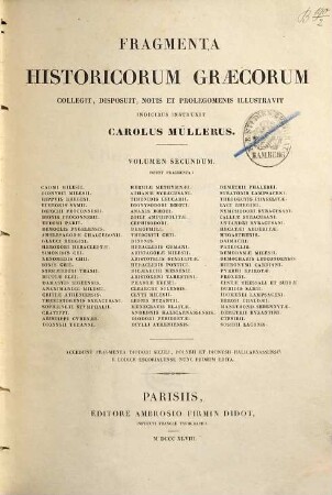 Fragmenta historicorum Graecorum : Apollodori bibliotheca cum fragmentis, 2