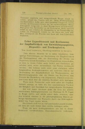 Ueber Expositionszeit und Bestimmung der Empfindlichkeit von Entwicklungspapieren, Diapositiv- und Trockenplatten
